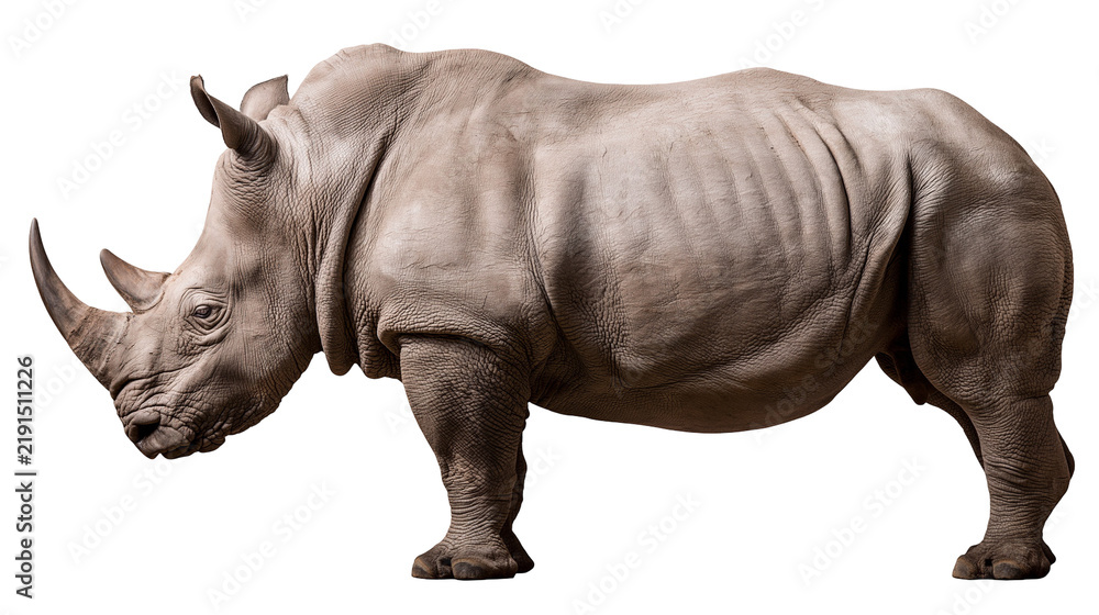 Fototapeta premium Large grey rhinoceros standing in profile with prominent horns and wrinkled skin