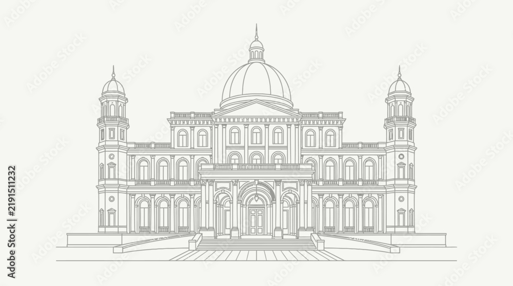 Obraz premium Detailed line drawing of a classical architectural building.