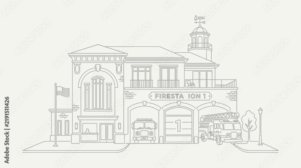 Obraz premium Line art drawing of a classic fire station.