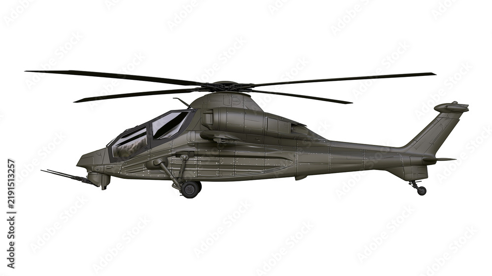 Fototapeta premium Dark olive green military attack helicopter with rotor blades and landing gear