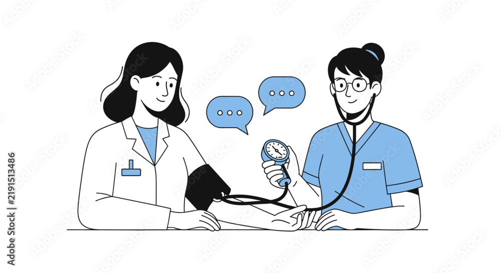 Fototapeta premium Flat design medical checkup: doctor and nurse measuring blood pressure