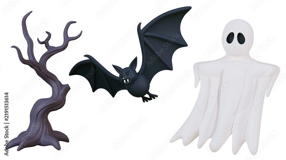 Fototapeta premium Spooky Halloween set with a dark twisted tree a flying black bat, and a ghost