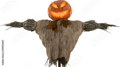 Quadro su tela Scary glowing jack-o-lantern pumpkin head scarecrow with burlap clothing
