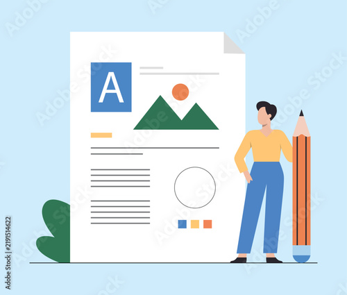 Graphic Design and Document Editing Concept with Woman and Pencil
