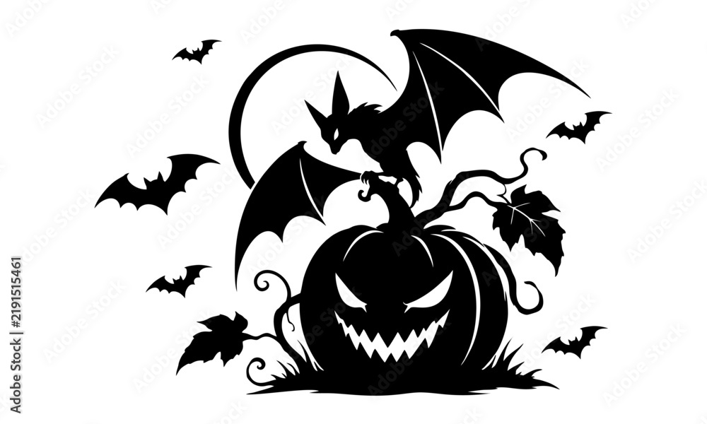 Fototapeta premium Angry Jack O Lantern Pumpkin with Flying Bats Silhouette Vector