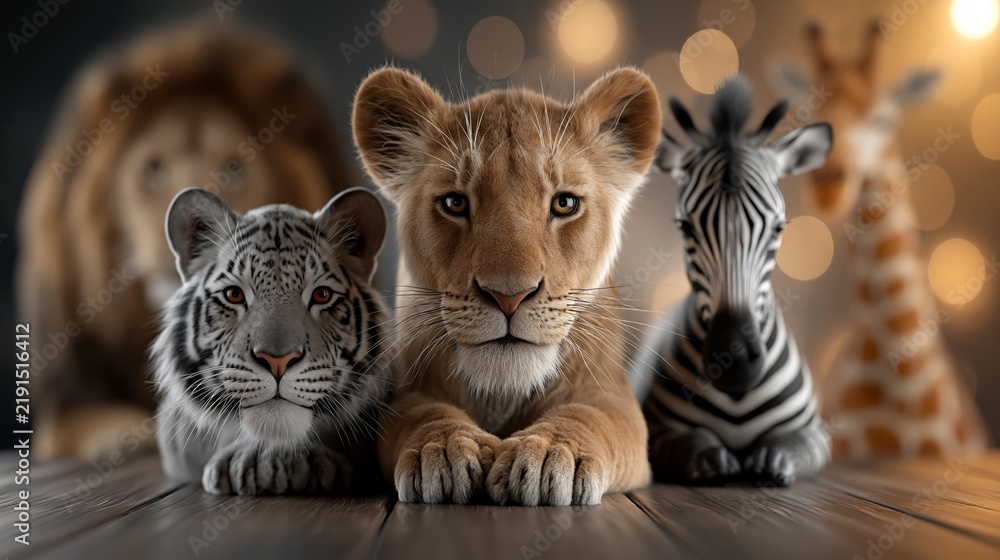 Fototapeta premium Three baby animals including a tiger, lion and zebra rest on a wooden surface with blurred adult animals in the background.