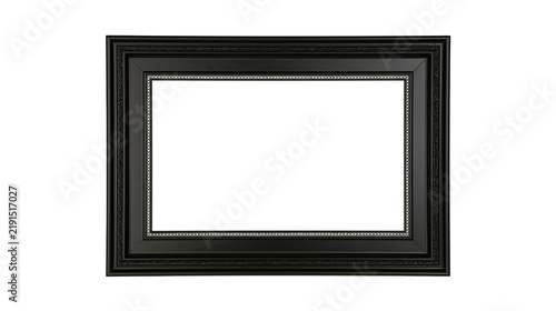 Cuadro en lienzo Rectangular black wooden picture frame with ornate carved edges and silver inlay