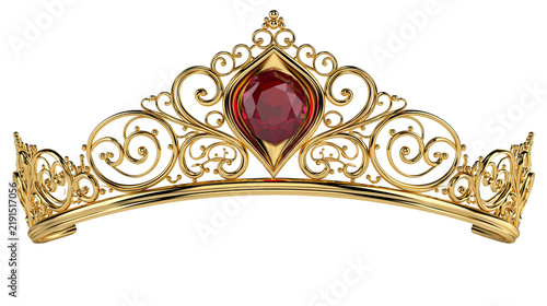 Obraz na plátně Ornate gold tiara with intricate filigree patterns and a large central red ruby