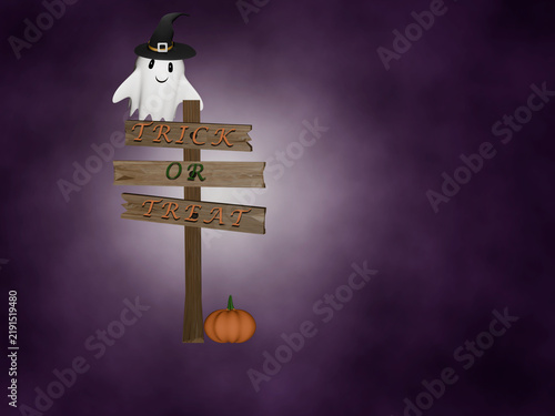 Halloween cute ghost and rickety old wooden signpost in foggy purple background