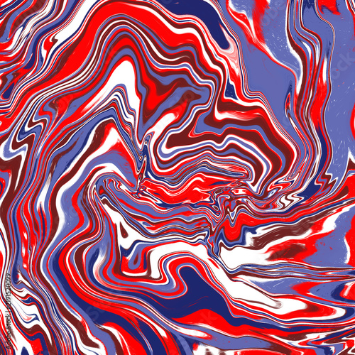 Abstract background of red white and blue liquid marble texture. Patriotic fluid motion acrylic paint swirling pattern. Modern art wallpaper