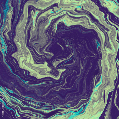 Dark purple and light green abstract liquid marble texture. Fluid swirling paint background