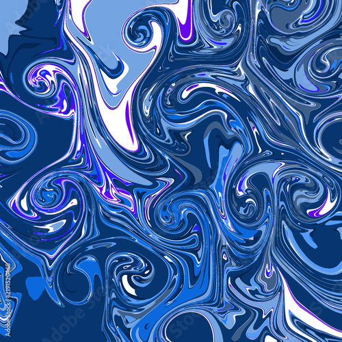 Abstract liquid marble texture in cool blue tones. Fluid swirling paint background with white and purple accents