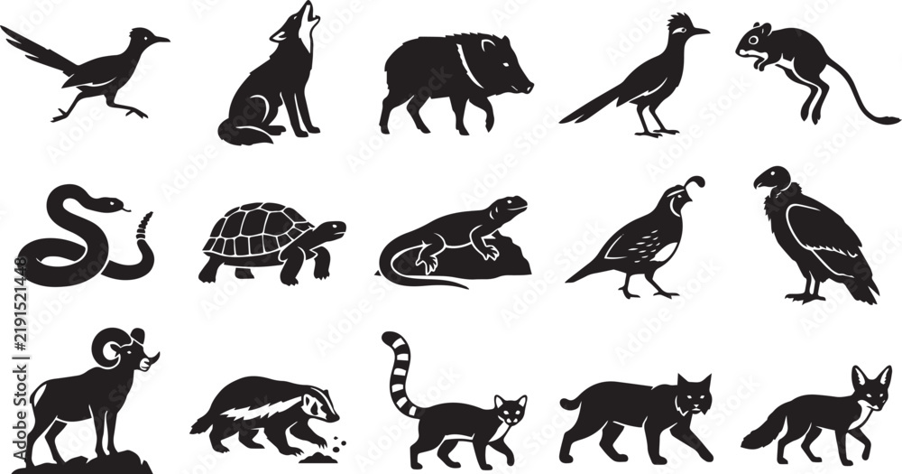 Obraz premium Set of black silhouettes of north american desert animals including roadrunner, coyote, rattlesnake, tortoise, bighorn sheep, and vulture