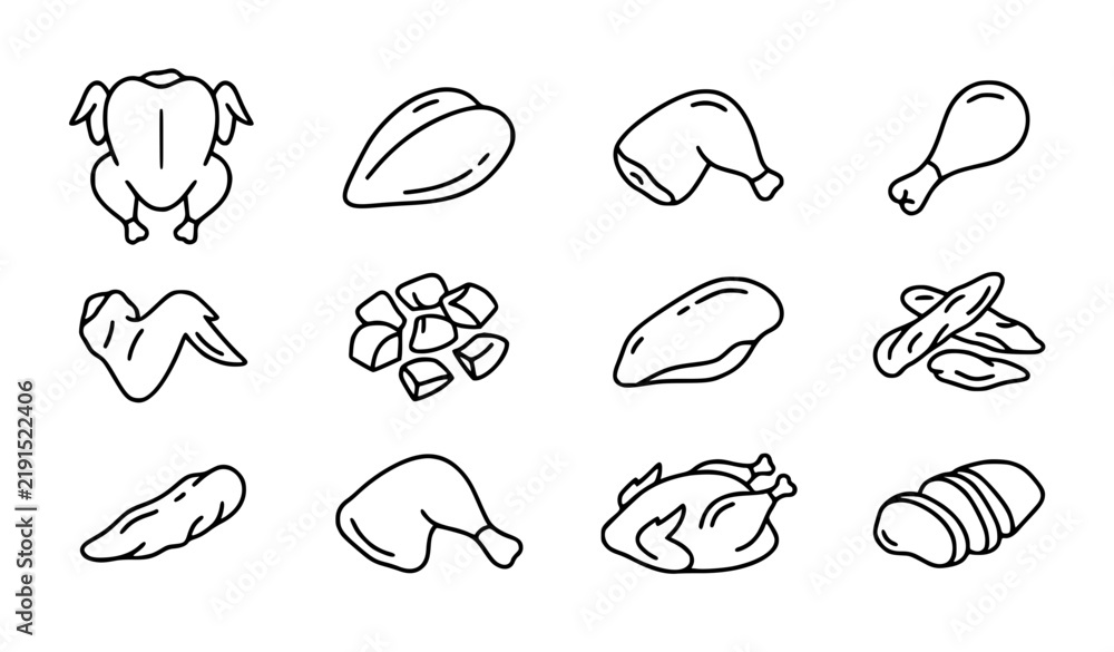 Obraz premium Chicken Poultry Meat Cuts Minimal Linear Vector Icons