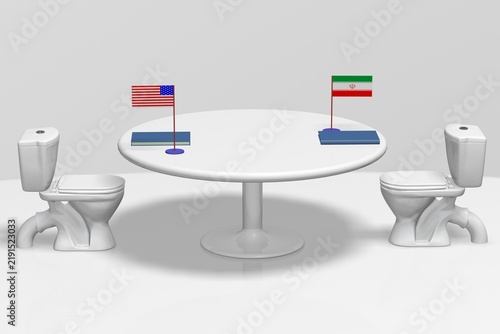 3D political satire: USA and Iran on toilets at a round table. Absurd diplomatic deadlock and failed negotiations concept.