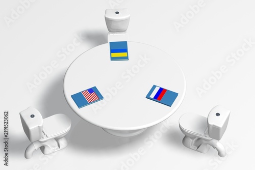 Satirical 3D render of a round negotiation table with folders bearing the flags of Ukraine, Russia and the USA. Toilets replace chairs, symbolizing controversial diplomacy and conflict.