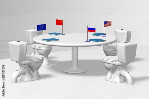 Absurd political satire. Leaders of Russia, USA, China, and EU on toilets, failing to negotiate peace. Global diplomatic crisis.