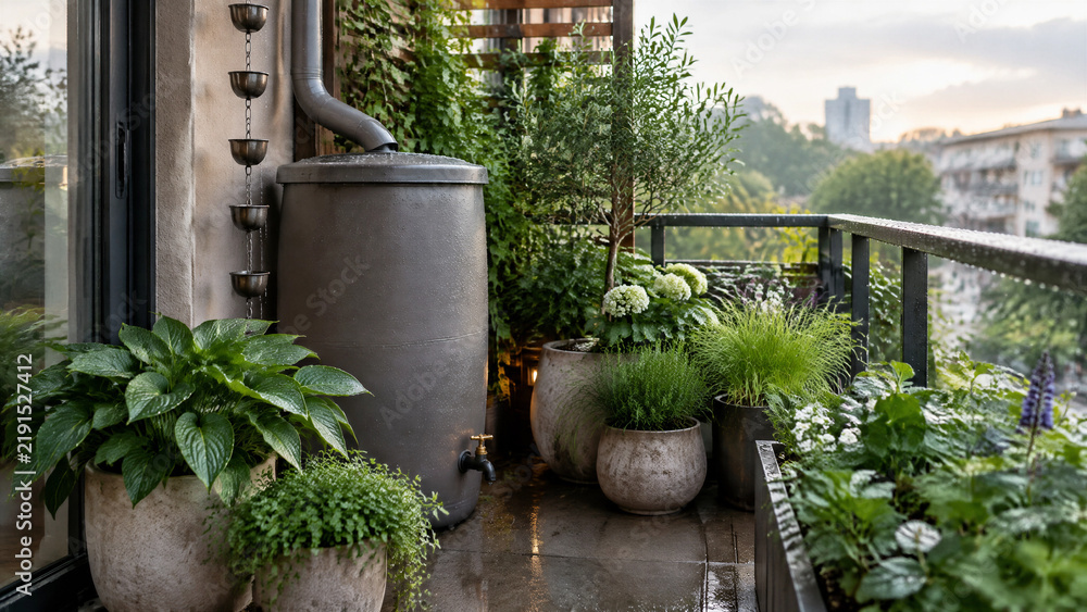 Obraz premium Rainwater collection barrel installed on a residential apartment balcony with lush potted plants
