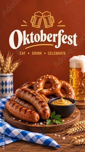Grilled sausages and soft pretzels served on a rustic wooden platter for the traditional oktoberfest