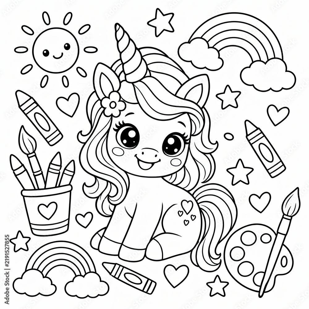 Fototapeta premium Cute unicorn coloring page with rainbow sun and stars for kids