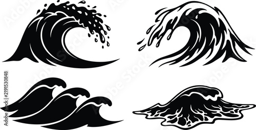 Ocean wave silhouette set with curling sea water splashes for surfing sports and marine nature design vector