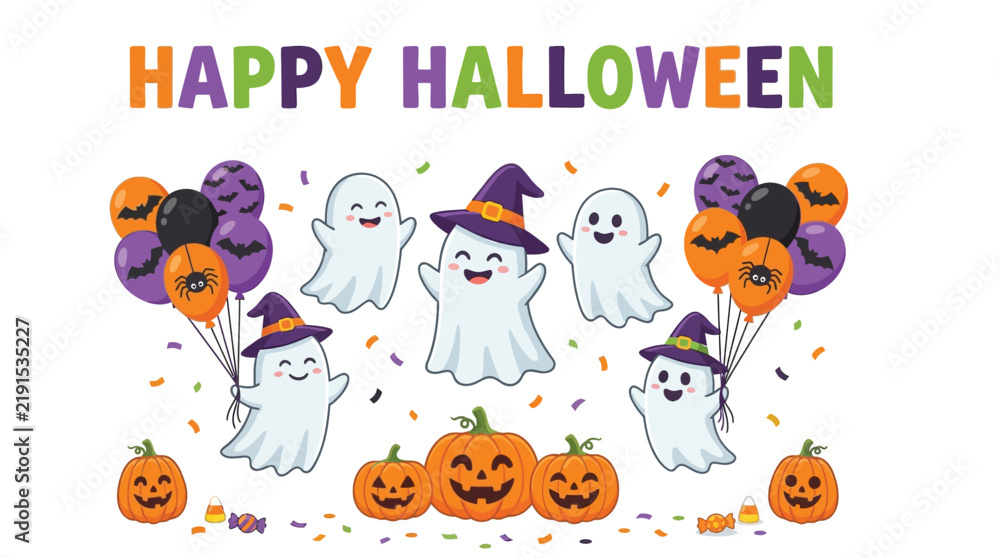 Fototapeta premium Happy halloween vector illustration featuring cute friendly ghosts holding colorful balloons and carved orange pumpkin lanterns