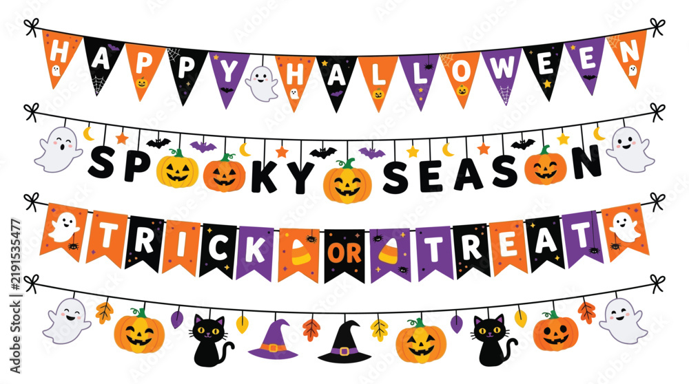 Fototapeta premium Decorative halloween bunting banner set featuring ghosts pumpkins and black cats for festive holiday party events