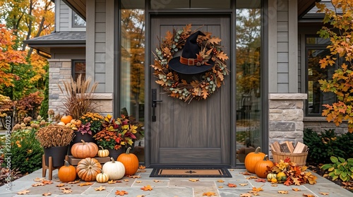 Autumn porch with pumpkins and a decorative wreath on the door  