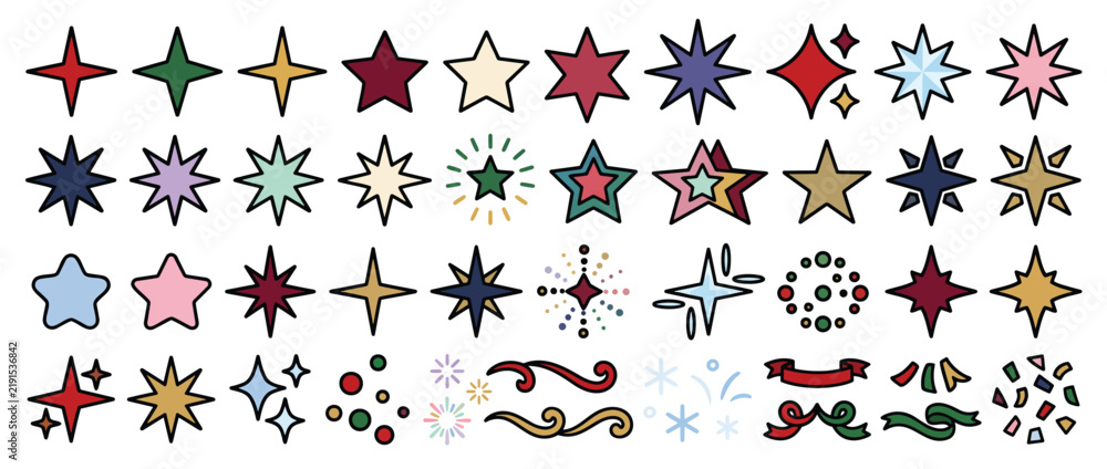 Fototapeta premium Colorful Christmas Stars and Festive Holiday Decorative Elements Set for Seasonal Design Projects