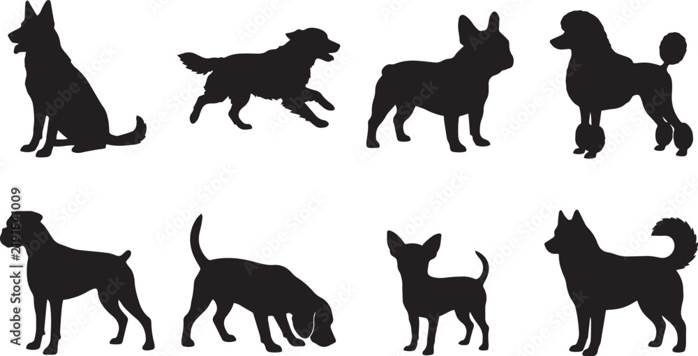 Obraz premium Set of eight black dog breed silhouettes, including german shepherd, french bulldog, poodle, boxer, beagle, and chihuahua in a grid layout