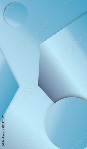 Minimalist light blue abstract background with 3D paper cut geometric shapes and circles