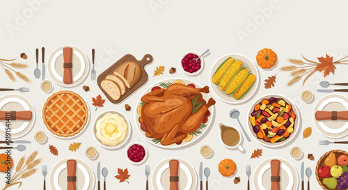 Traditional Thanksgiving Feast Illustration with Turkey and Autumn Food