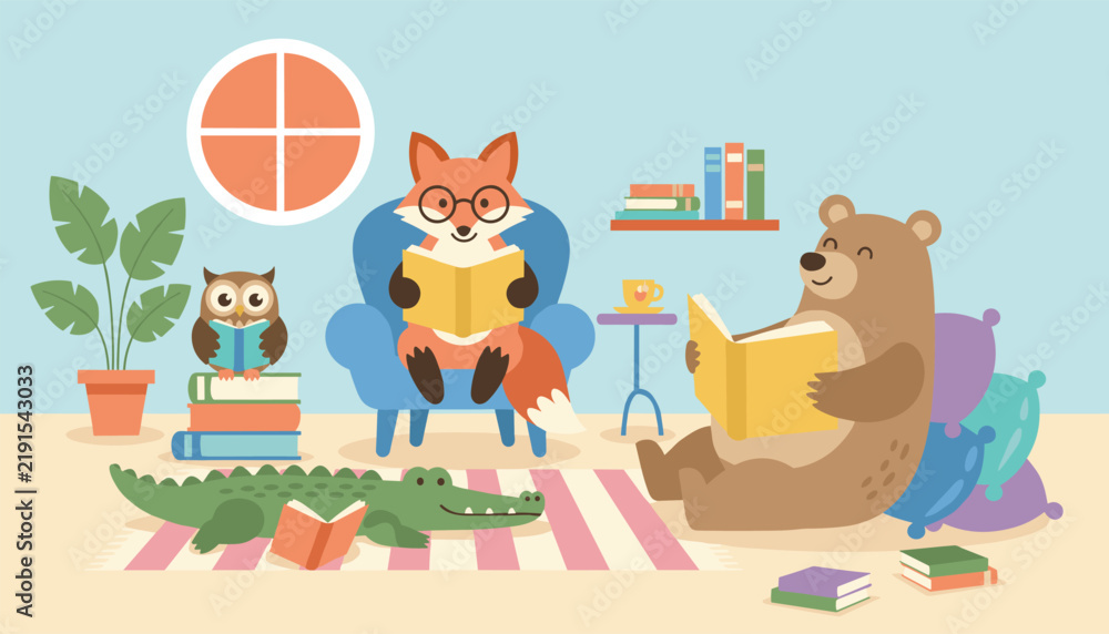 Fototapeta premium Cute wild animals reading books in a cozy living room including a fox in armchair, a bear, an owl and a crocodile.