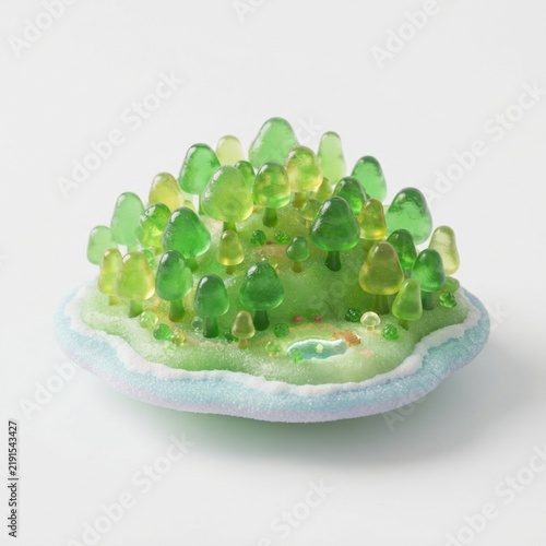 Abstract miniature green forest island made of glass shapes with miniature lands