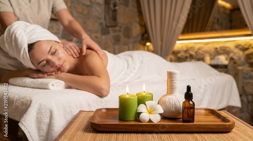 Young beautiful woman receiving professional back massage in luxury spa salon with aromatherapy candles