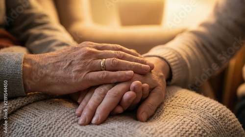 Close up of elderly hands holding each other as a symbol of lifelong love care and support
