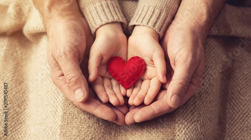 Parent and Child Hands Holding a Red Heart Shape Together in Protection