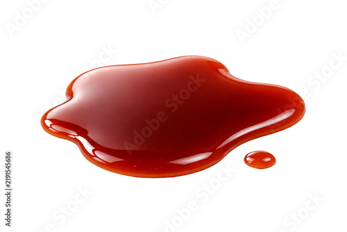 Glossy Red Liquid Spill with Small Droplet Isolated on Transparent Background