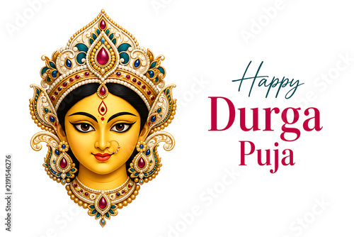 Happy Durga Puja Goddess Face with Ornate Crown and Jewelry Isolated on Transparent Background