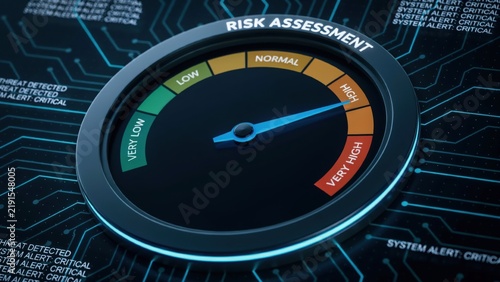 A high risk assessment gauge pointing to the high warning zone on a digital dashboard. Danger indicator concept for enterprise cybersecurity and threat detection.