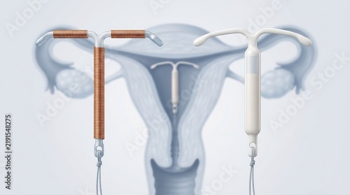Intrauterine contraceptive devices displayed against a diagram of the female reproductive system for educational medical presentations.