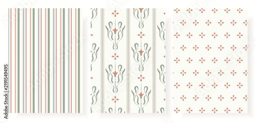 Vintage seamless pattern set featuring elegant botanical ornaments, delicate floral motifs, decorative stripes and geometric accents in soft sage green and coral tones. Vector textile design.