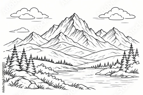 Black and white line art drawing of a mountain landscape with trees