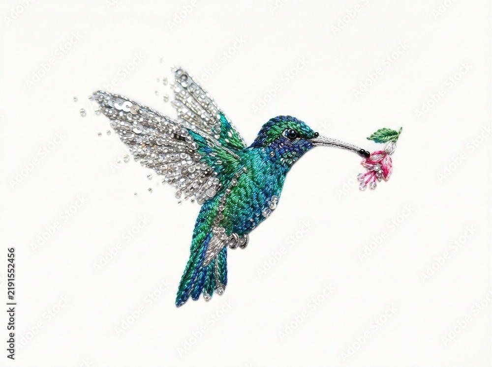 Fototapeta premium Hummingbird in flight with iridescent teal and blue plumage holding pink flower, dissolving into particles on white background