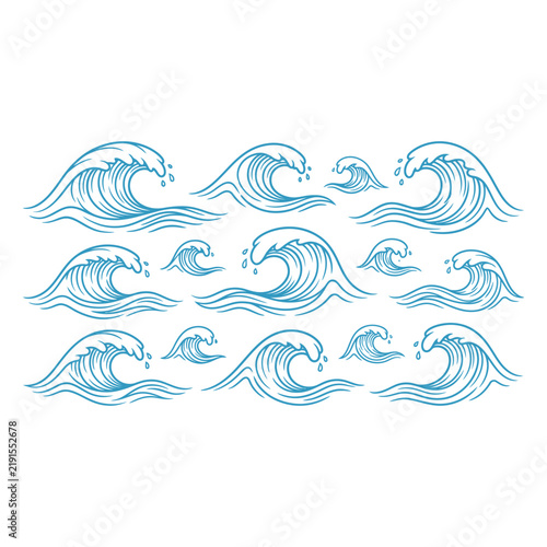 Beautiful wave and ocean vector illustrations in blue and teal colors isolated on transparent background, Vector, illustration