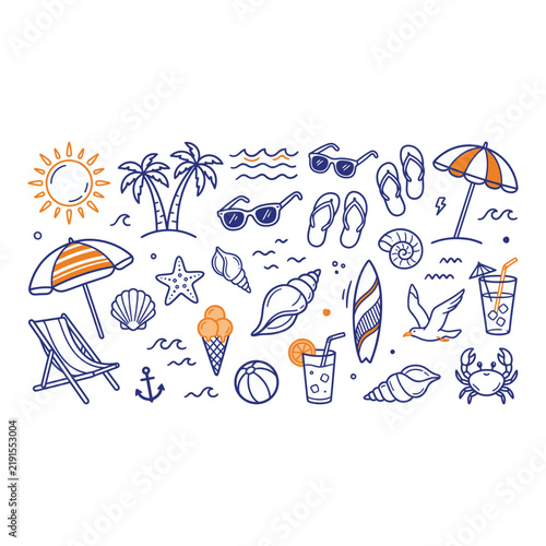 Colorful beach vacation icons set with summer accessories isolated on transparent background, Vector, illustration