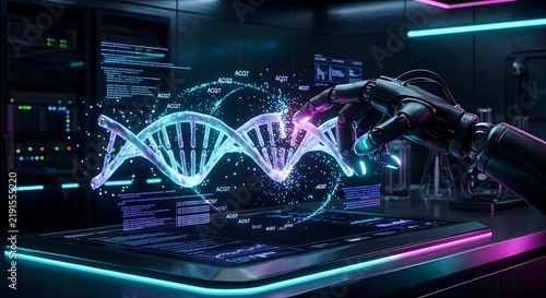 Futuristic Robotic Arm Analyzing a Glowing DNA Molecule in an Advanced Biotechnology Laboratory