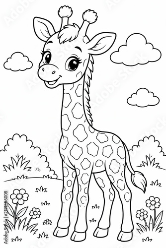 Cute baby giraffe standing in a garden for children coloring page