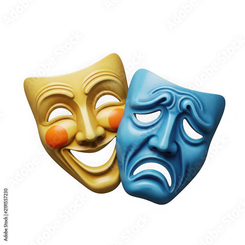 Comedy and tragedy masks side by side with contrasting colors