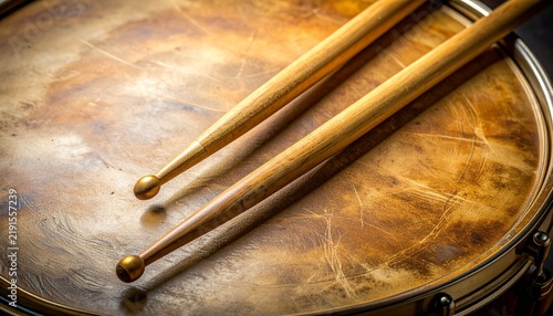 Crossed hickory drumsticks on a worn natural calfskin drumhead